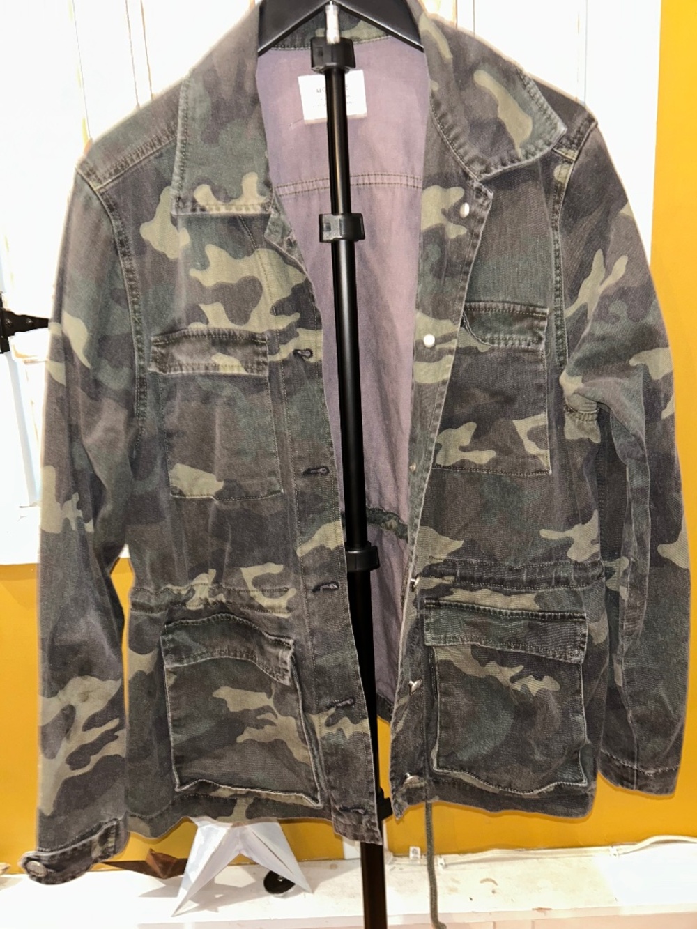 McGuire Camo Denim Jacket Women’s Medium Military Utility Trucker Jacket